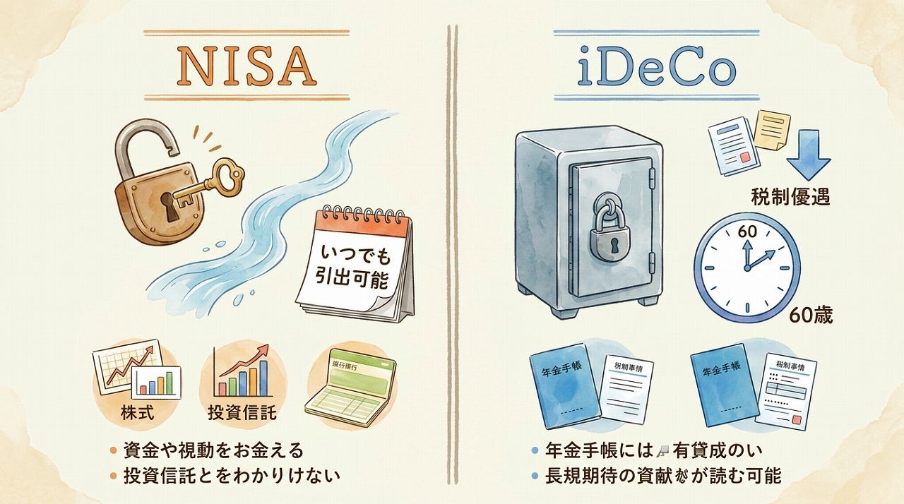 NISAとiDeCoの仕組みを比較したイメージ