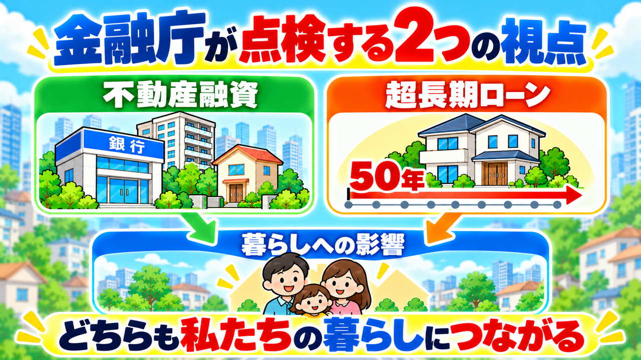 不動産融資と超長期住宅ローンを並列の点検対象として示し、どちらも暮らしに関わることを表す図