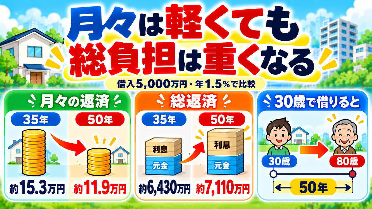 借入5,000万円・年1.5％で35年と50年を比較。月返済約15.3万円と約11.9万円、総返済約6,430万円と約7,110万円。30歳で50年借りれば完済80歳