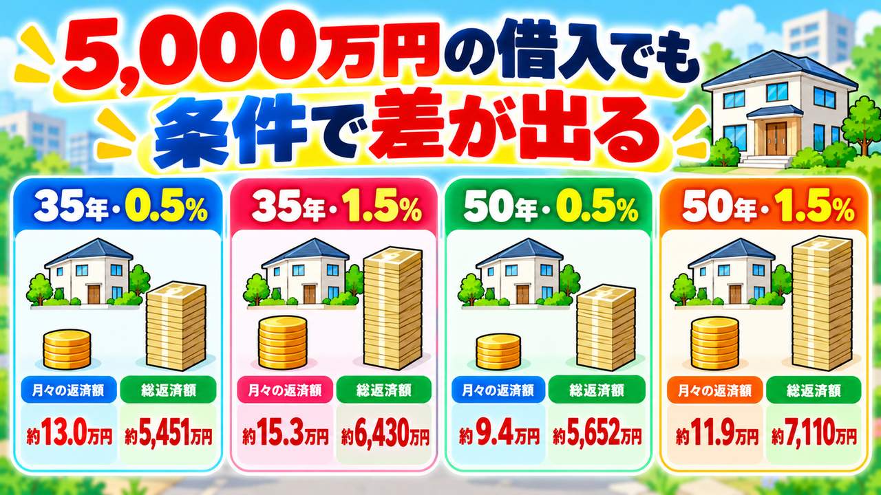 借入5,000万円の35年・50年、年0.5％・1.5％による毎月返済額と総返済額を比較した図