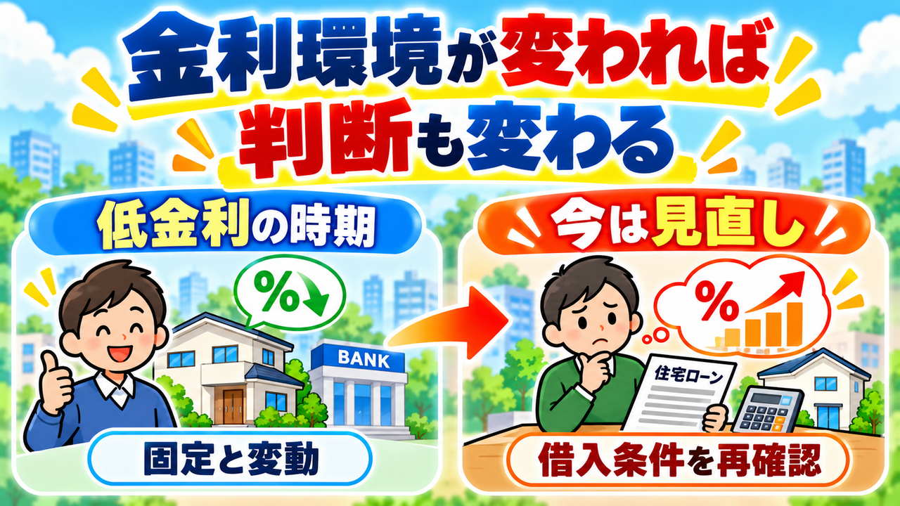 低金利の時期と金利上昇時を比較し、金利差や借入条件を再確認することを示す図