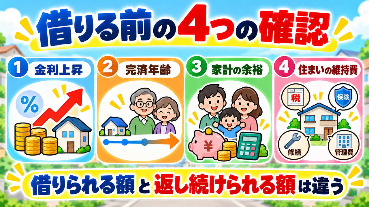 借りる前に金利上昇、完済年齢、家計の余裕、住まいの維持費を確認する図
