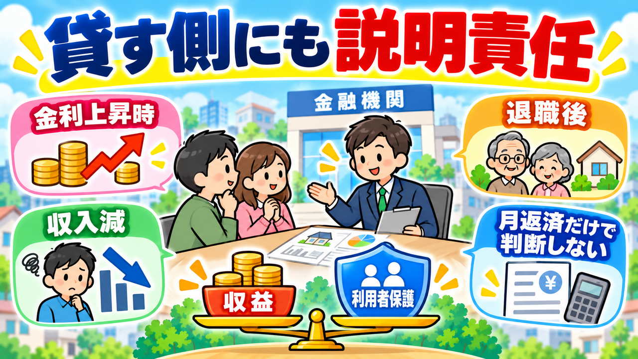 金融機関が金利上昇、収入減少、退職後の返済について説明し、収益と利用者保護を両立する図