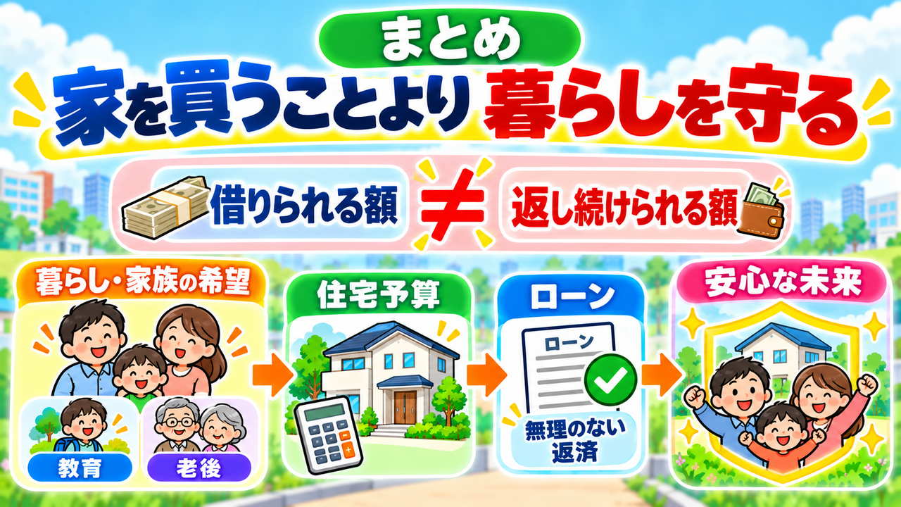 借りられる額と返し続けられる額を区別し、家族の希望、教育や老後から住宅予算を考える図