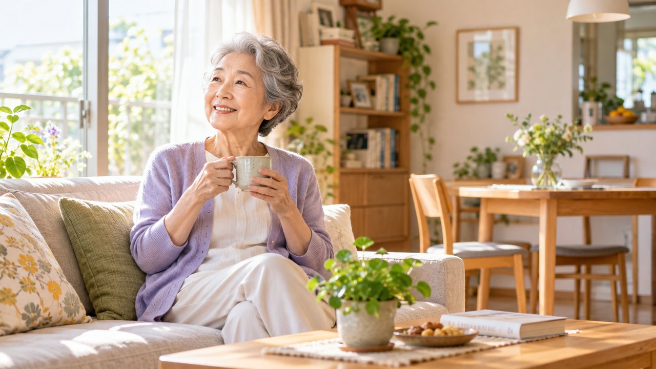 明るい自宅でお茶を飲み、自分のペースで穏やかに過ごす高齢女性のイメージ