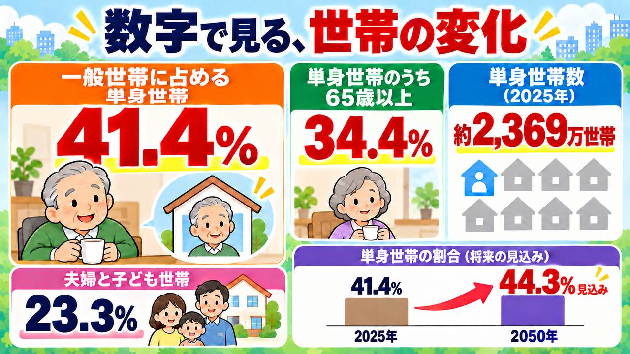 2025年の単身世帯41.4%、約2369万世帯、単身世帯のうち65歳以上34.4%、夫婦と子ども23.3%と、2050年の単身世帯割合44.3%という推計