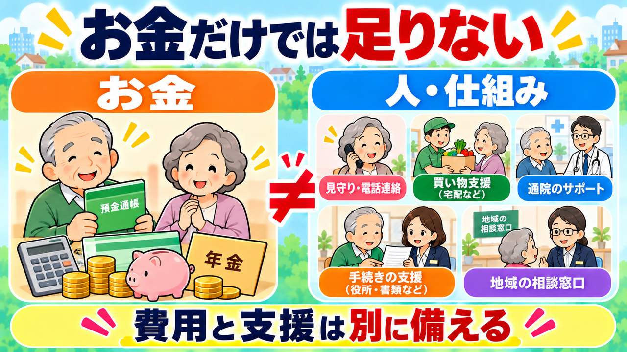 費用の準備と、見守り・買い物・通院・手続きなどを支援する人や仕組みの準備を分けて考える図
