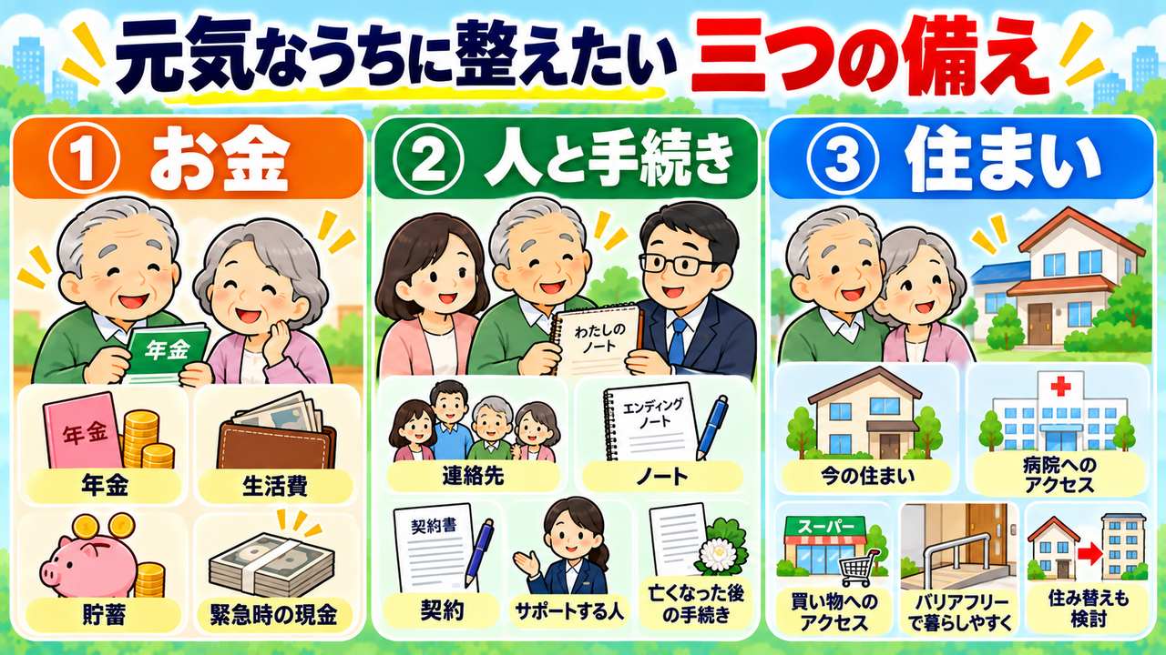 年金・生活費などのお金、連絡先・契約・死後の手続きなどの人と手続き、住み続けやすさなどの住まいの三つの備え