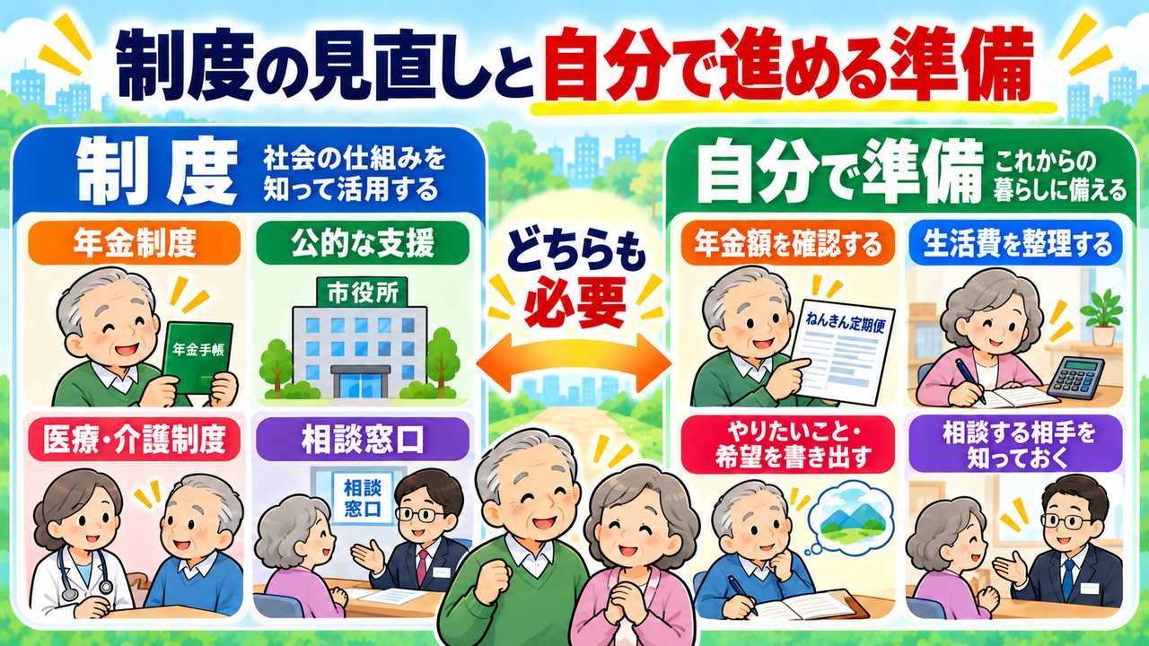 年金や医療介護、公的支援の制度と、自分で年金額や生活費・希望・相談相手を確認する準備の両方が必要という図