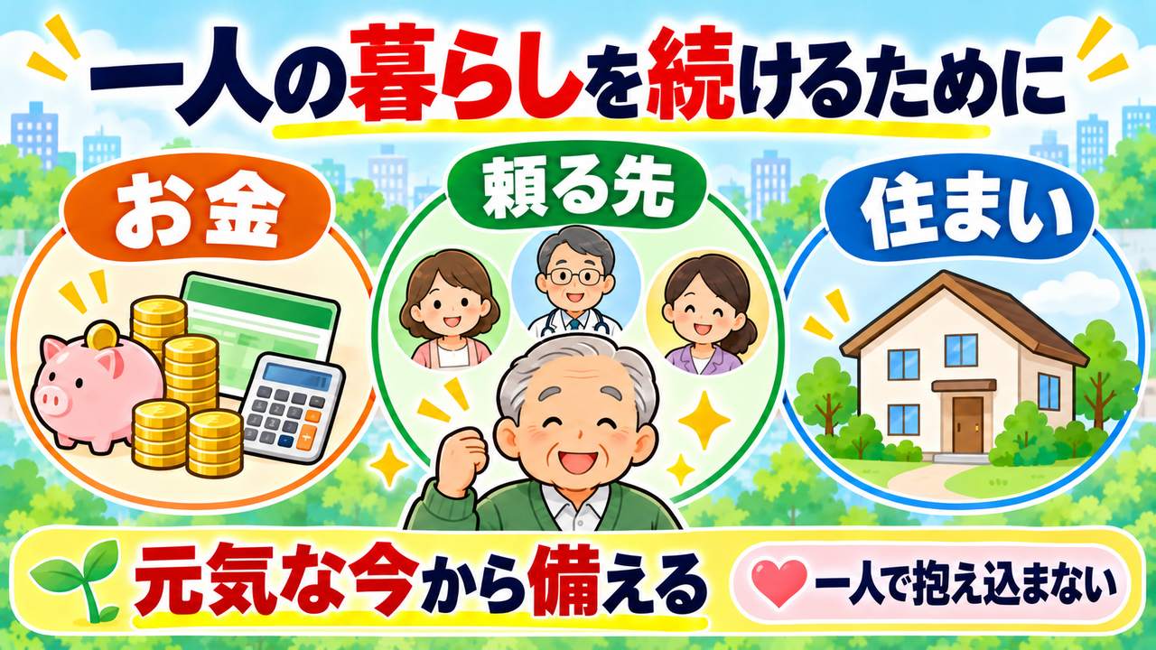 一人の暮らしを続けるため、お金・頼る先・住まいを整え、一人で抱え込まないことを伝える図