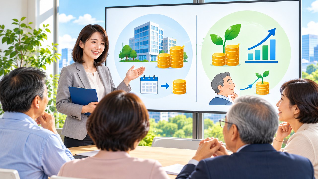 企業年金の仕組みを説明する講師と、退職後の資金計画について学ぶ人々のイメージ
