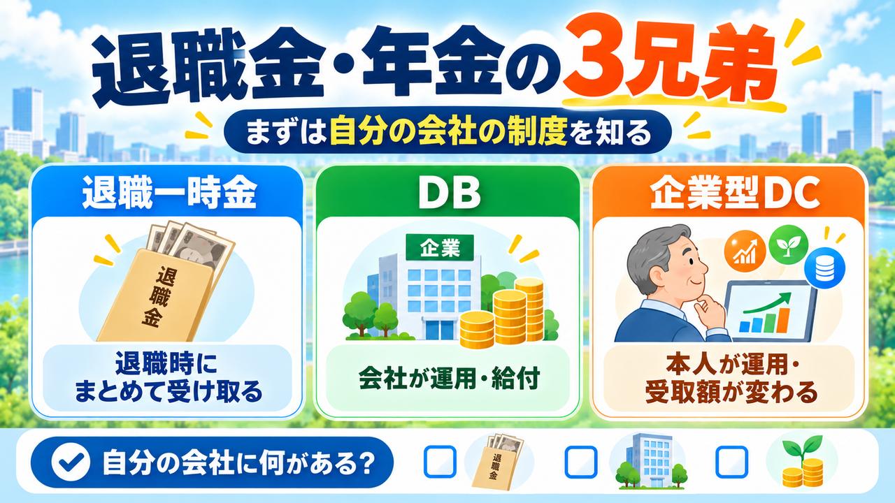 退職一時金は退職時にまとめて受け取り、DBは会社側が運用と給付を担い、企業型DCは本人の運用で受取額が変わる三つの退職給付