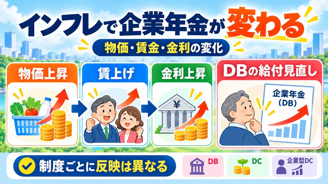 物価・賃金・金利の変化を受けたDBの給付見直しと、制度ごとに反映が異なることを示す図