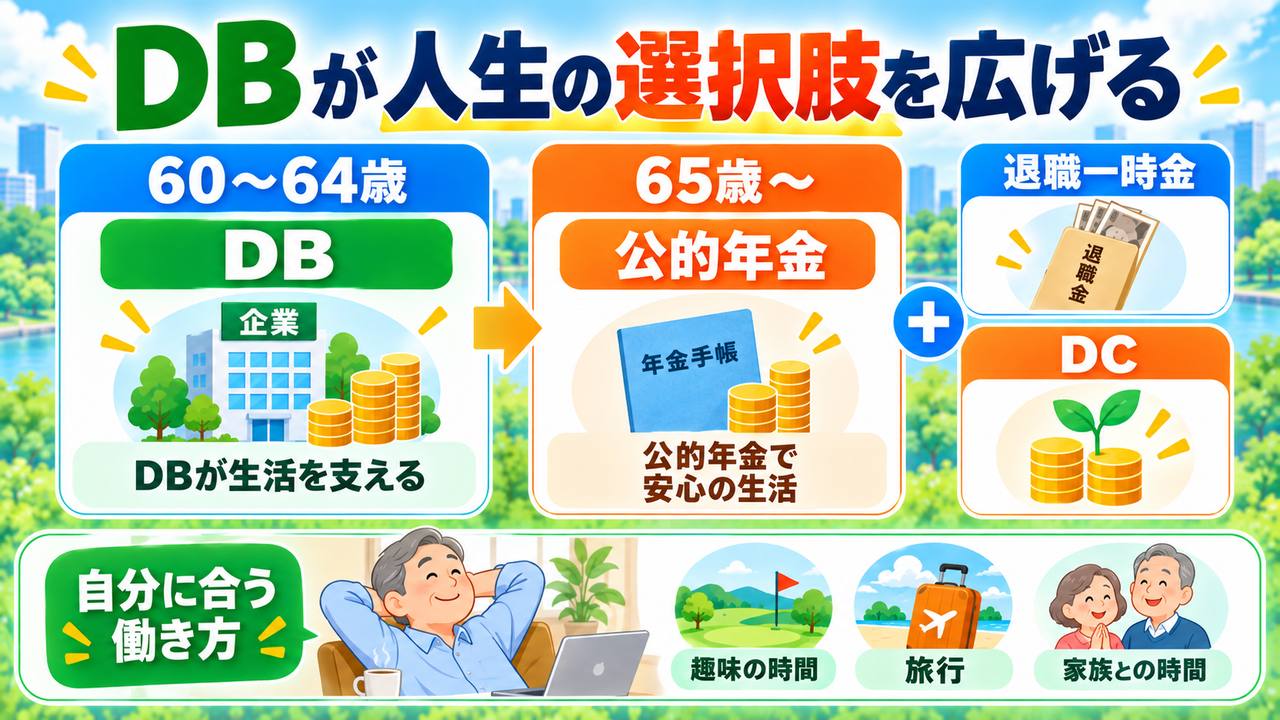 60歳から64歳はDB、65歳以降は公的年金で生活費をつなぎ、退職一時金とDCを将来に備える個別の受取例