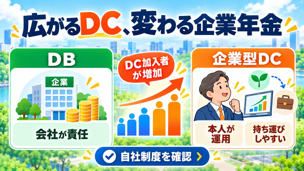 会社側が運用リスクを負うDBと、本人が運用し資産を移換できる企業型DC、その加入者の増加を示す図