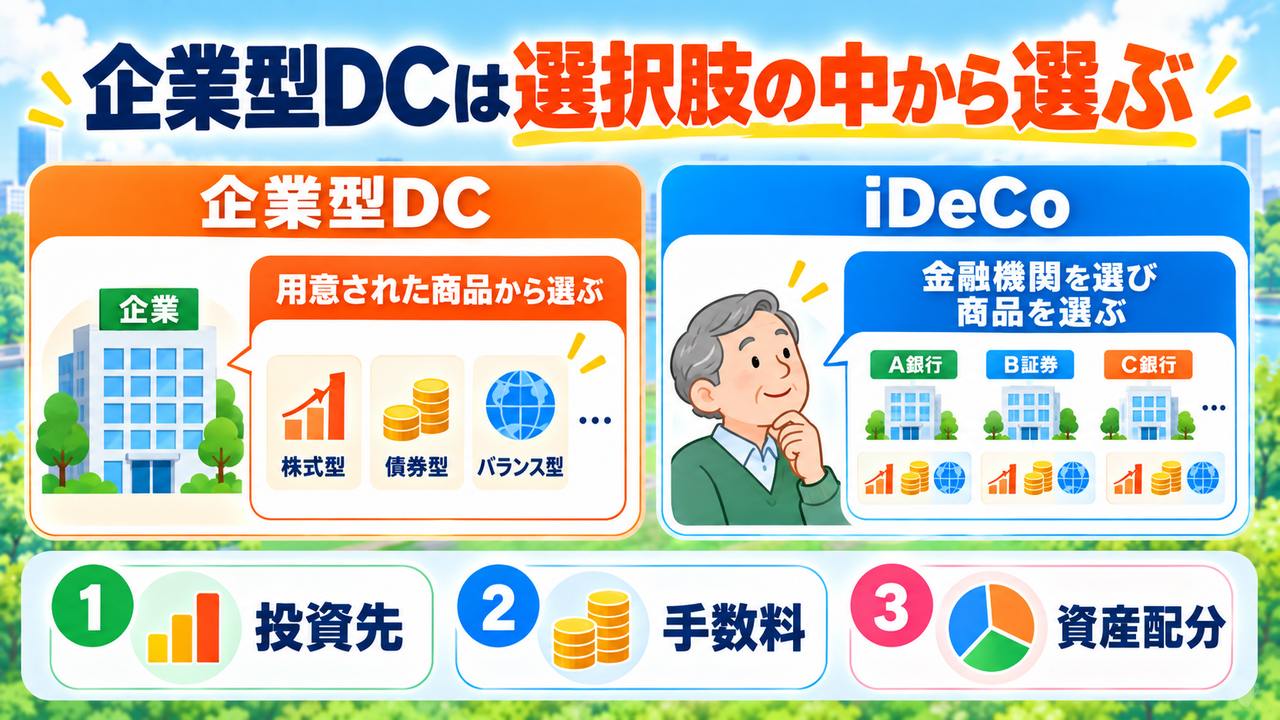 企業型DCは勤務先の制度で用意された商品から選び、iDeCoは本人が金融機関を選んでその商品群から選ぶという違い