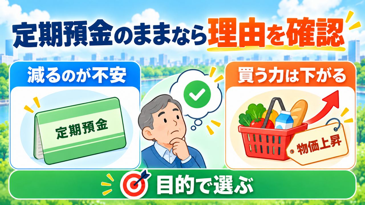 定期預金を選ぶ理由とインフレによる購買力への影響を確認し、運用の目的に合わせて商品を選ぶ図