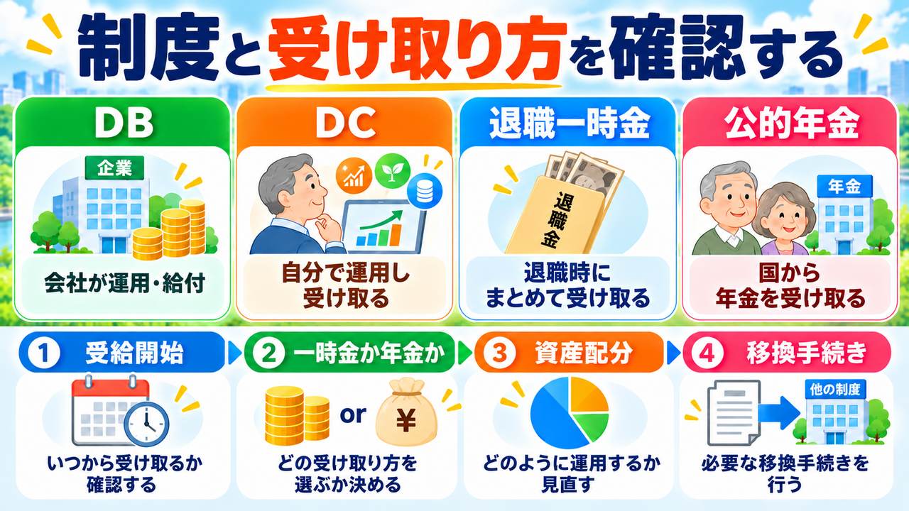 DB・DC・退職一時金・公的年金を確認し、受給開始、一時金か年金か、資産配分、移換手続きを整理する図