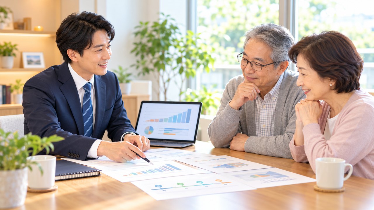 自宅で資料を見ながら、将来の暮らしと資金計画について相談する夫婦のイメージ