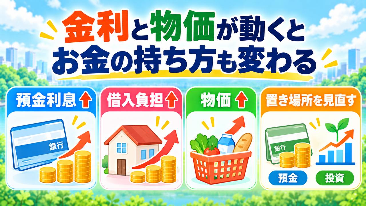 金利と物価の変化で預金利息や借入負担が変わり、お金の置き場所を考え直すことを示す図