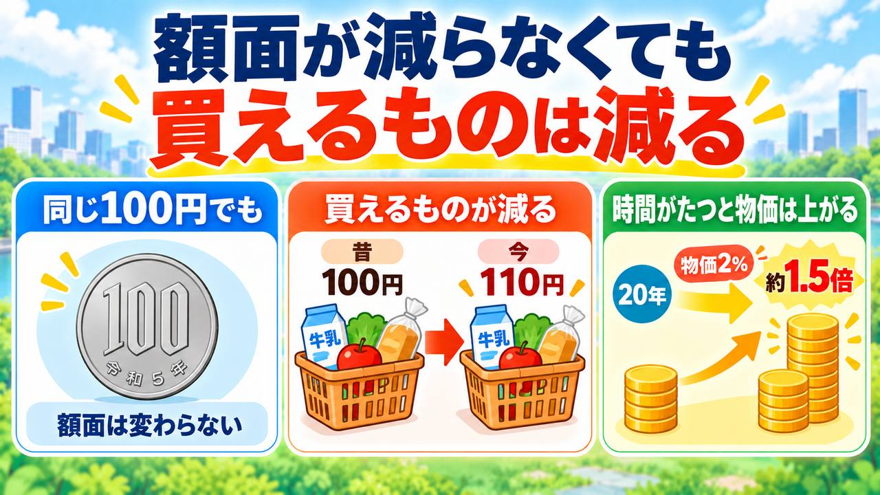 同じ100円でも物価が100円から110円へ上がると購買力が低下し、毎年2%の物価上昇を仮定すると20年で必要額が約1.5倍になる図