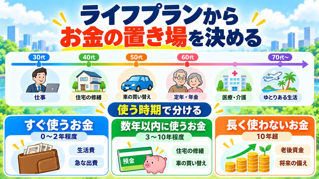 仕事や年金、住まいの修繕、医療などの予定を整理し、お金を使う時期に応じて置き場所を考える例
