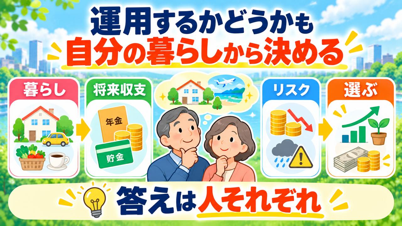 運用するかどうかも、暮らし、将来収支、取れるリスクから考え、答えは人それぞれというまとめ
