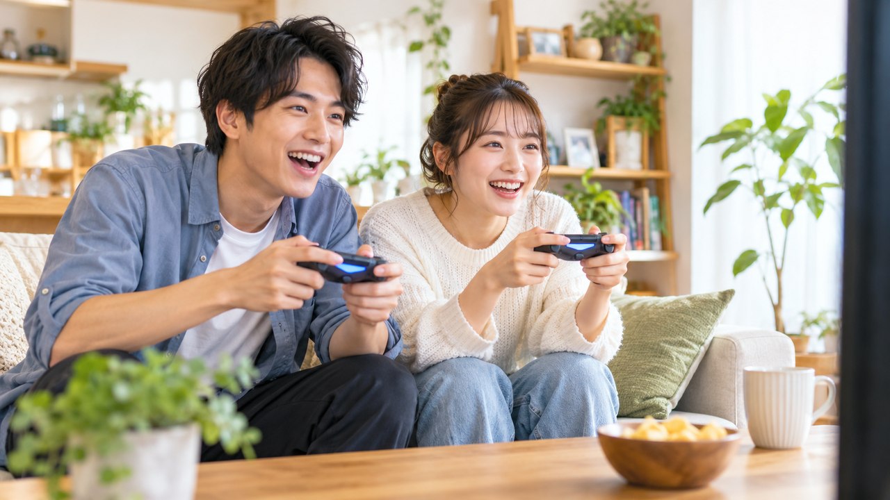 自宅で一緒にゲームを楽しむ男女のイメージ
