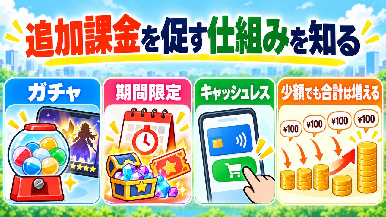 ガチャ、期間限定、キャッシュレス決済、少額の積み重ねによって追加課金が続きやすくなる仕組み