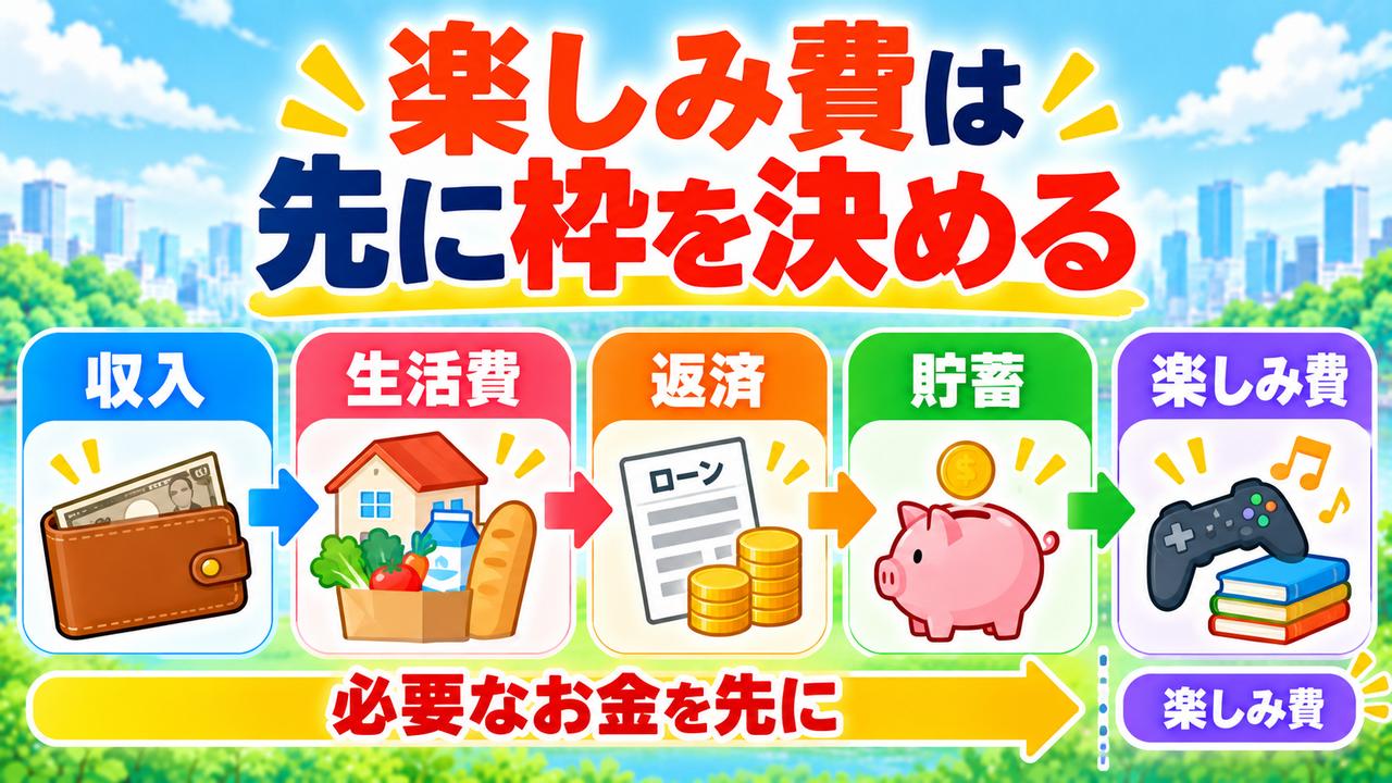 収入から生活費、返済、必要な貯蓄を確保し、そのうえで楽しみ費の枠を決める図