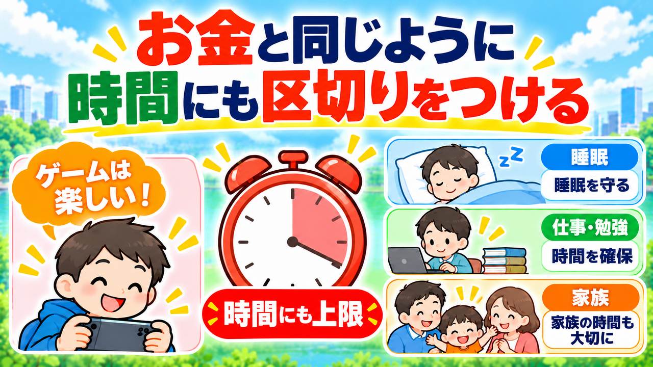 ゲームの時間に区切りをつけ、睡眠、仕事や勉強、家族との時間を守ることを示す図