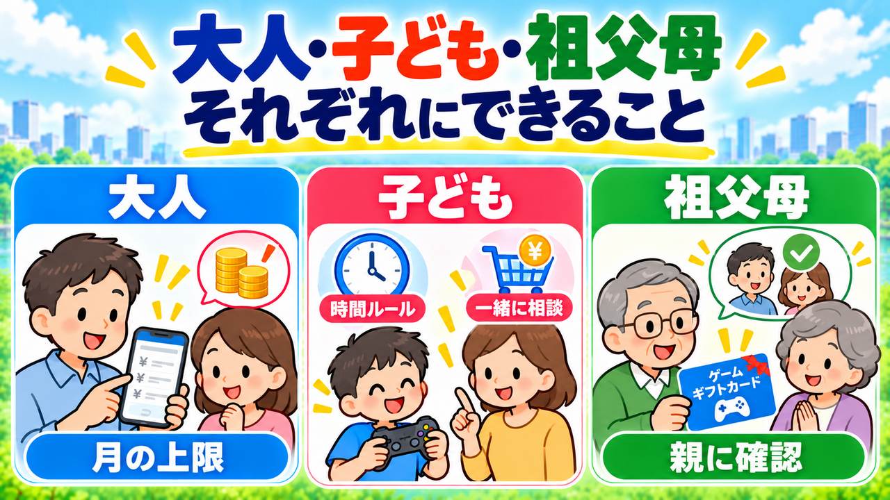 大人は月の上限、子どもは時間と購入相談、祖父母は親への確認という家族のルール