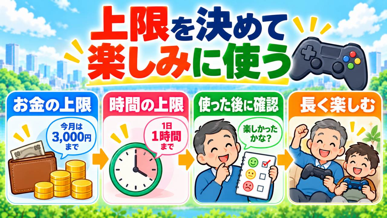 お金と時間の上限を決め、使った後に満足度を確認して長く楽しむ流れ。金額と時間は設定例