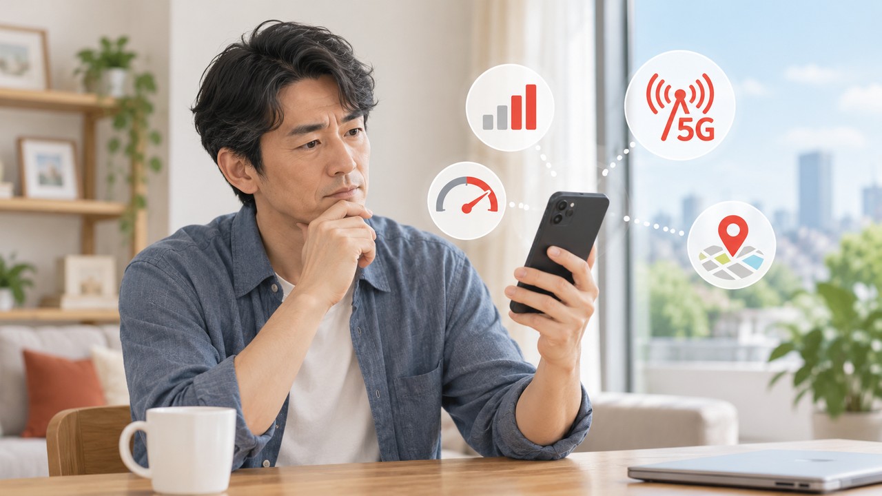 スマートフォンを見ながら通信料金や品質を考える男性のイメージ
