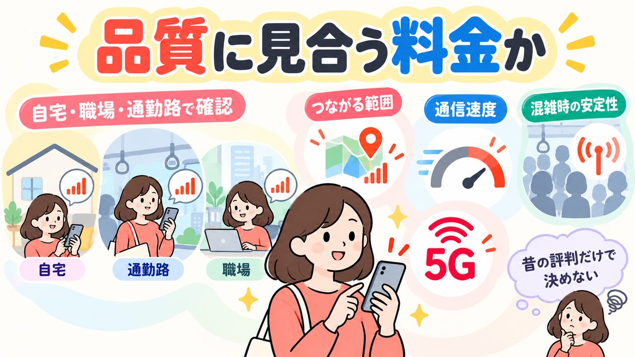 つながる範囲、通信速度、混雑時の安定性を自宅・職場・通勤路で確認し、料金に見合う品質か考える図