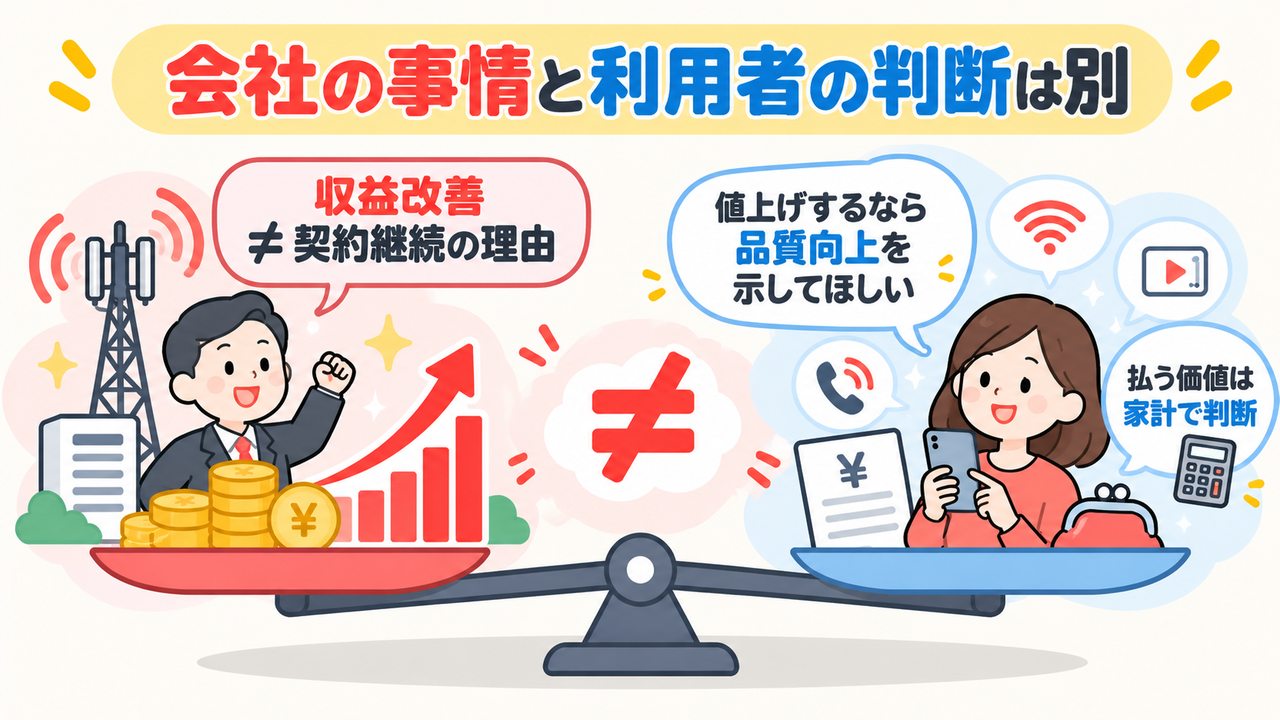 会社の収益改善と利用者が契約を続ける理由は別であり、品質向上と払う価値を判断する図