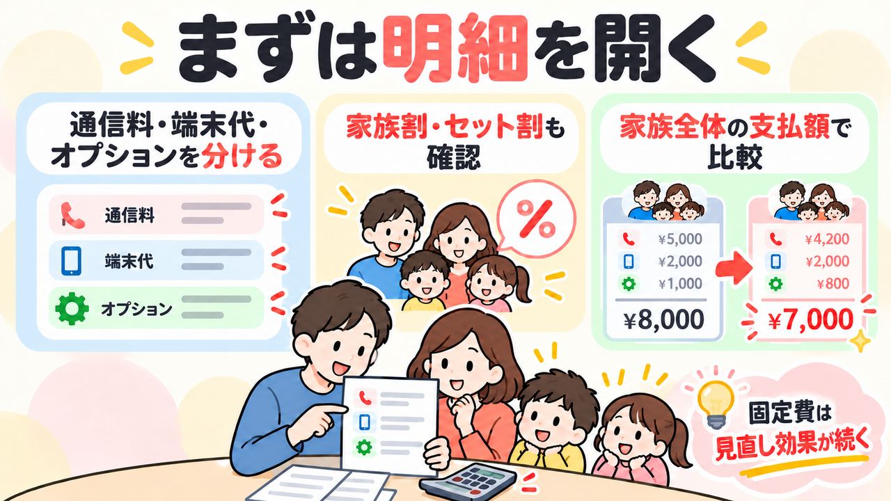 通信料・端末代・オプションを分け、家族全体の支払額を比較する仮例。端末代は変更前後とも2000円で、合計は8000円から7000円