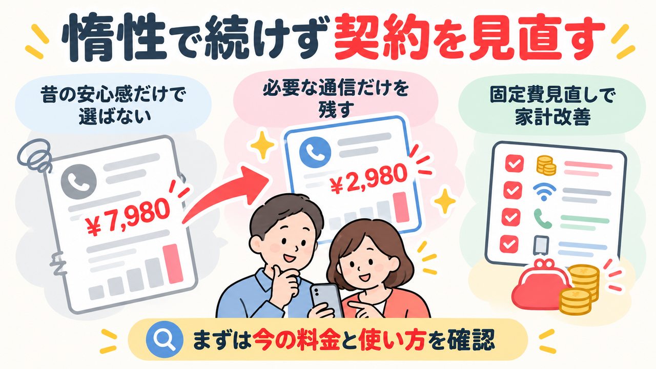 昔の安心感だけで選ばず、今の料金と使い方を確認して必要な通信を残すというまとめ。金額は仮例