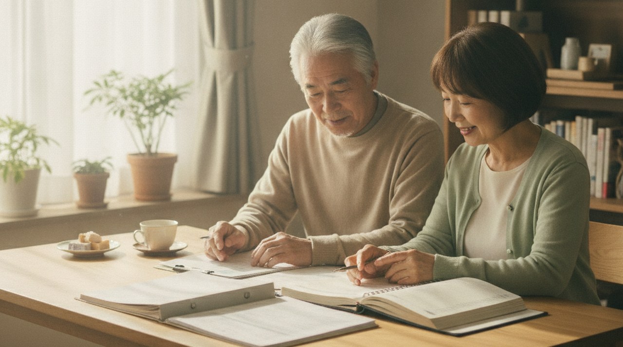 自宅で老後資金の書類を一緒に見直す日本人のシニア夫婦