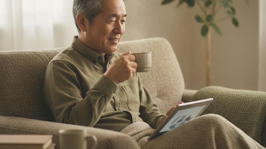 自宅でゆったりとコーヒーを飲みながらタブレットを眺めるシニア男性