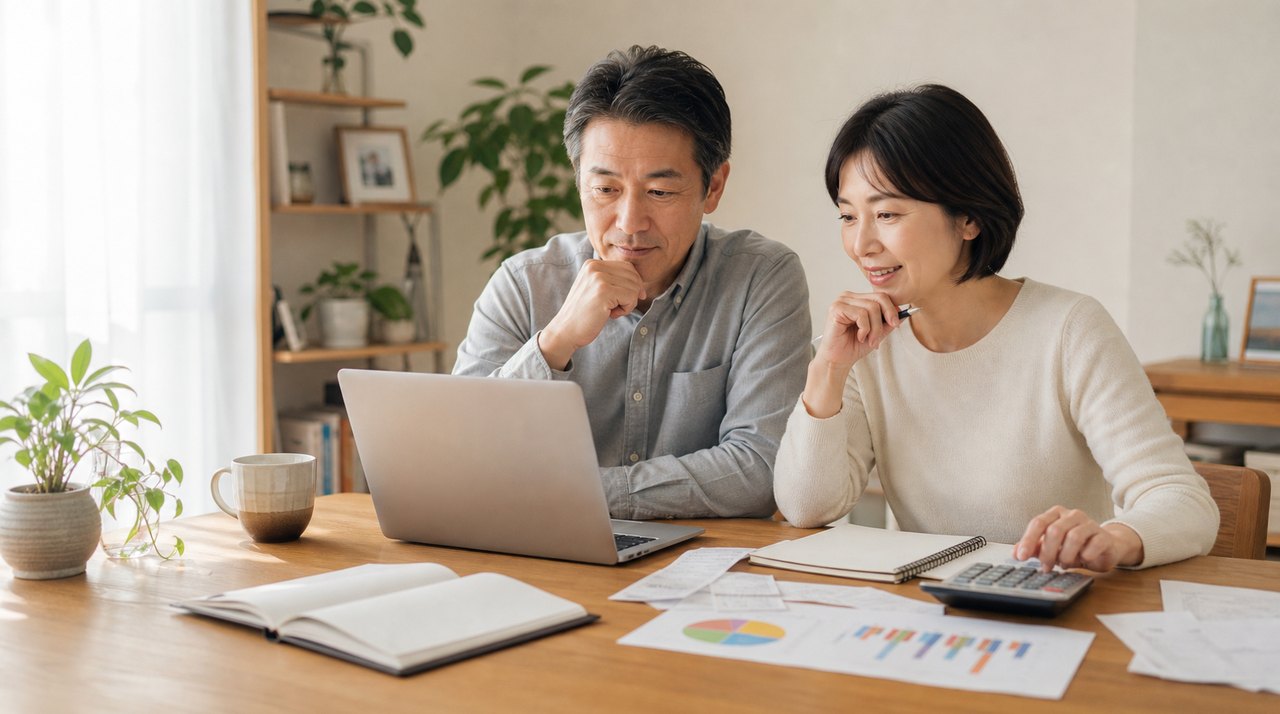 自宅で夫婦がノートや電卓を見ながら家計と将来のお金を確認している様子