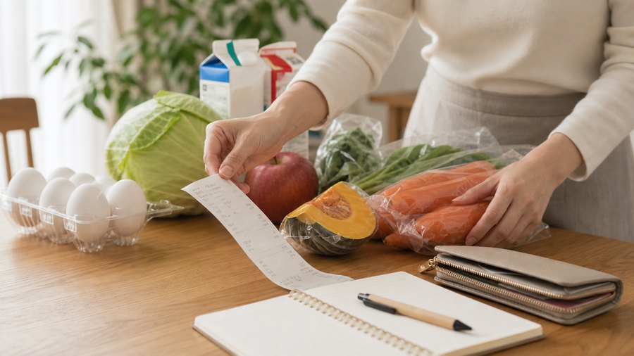食料品とレシートを見ながら物価上昇を実感する暮らしの場面