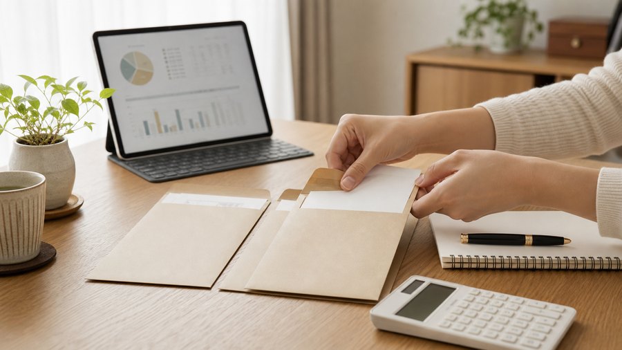 封筒やノートを使ってお金の目的を整理している手元