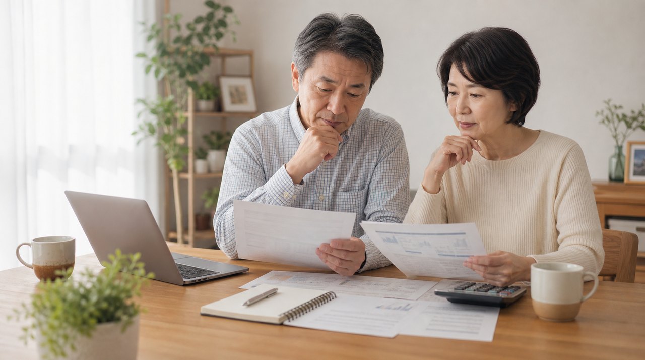 自宅で夫婦が銀行商品の書類を慎重に確認している様子