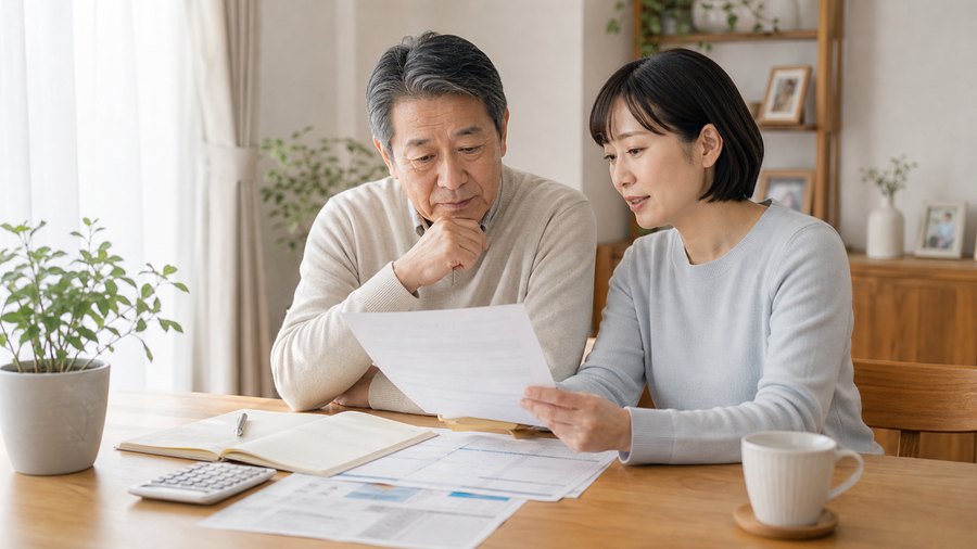 家族で金融商品の書類を確認している様子