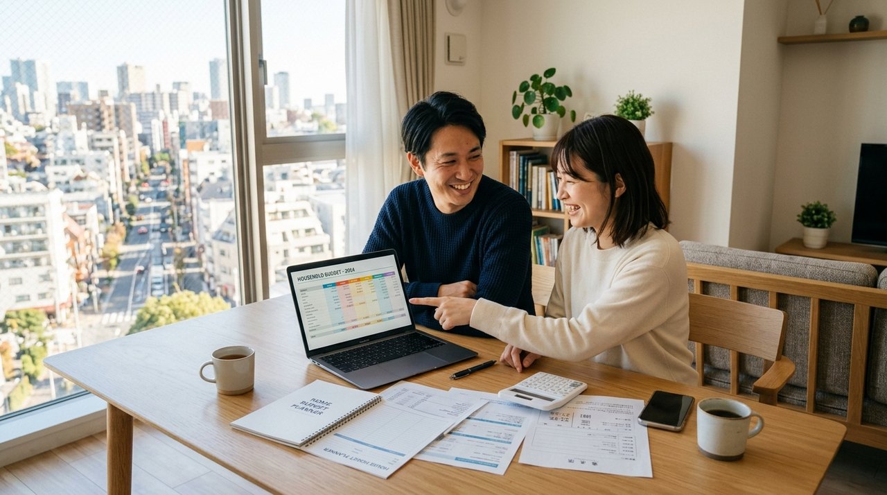 日本人の若いカップルが自宅で家計簿を広げながら将来の計画を話し合っている様子