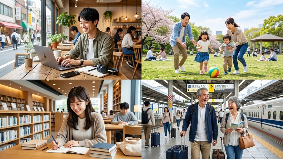 リモートワーク、家族との時間、学び、旅行など多様な自由の形を表した4分割画像