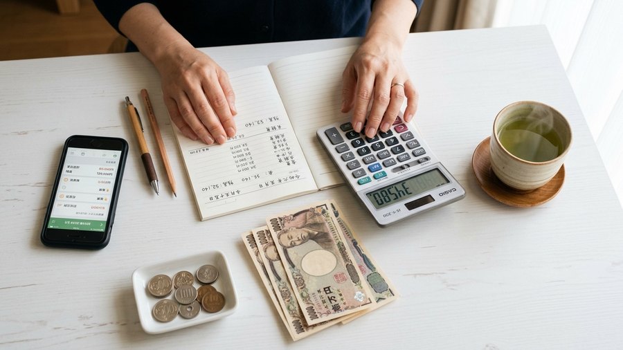 電卓、家計簿アプリ、日本円、緑茶を並べて家計管理をしている手元