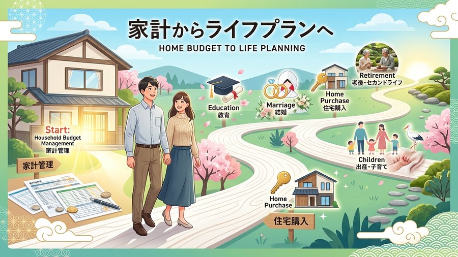 家計管理を起点に教育、住宅、子育て、老後へ続く人生の道筋を表した画像