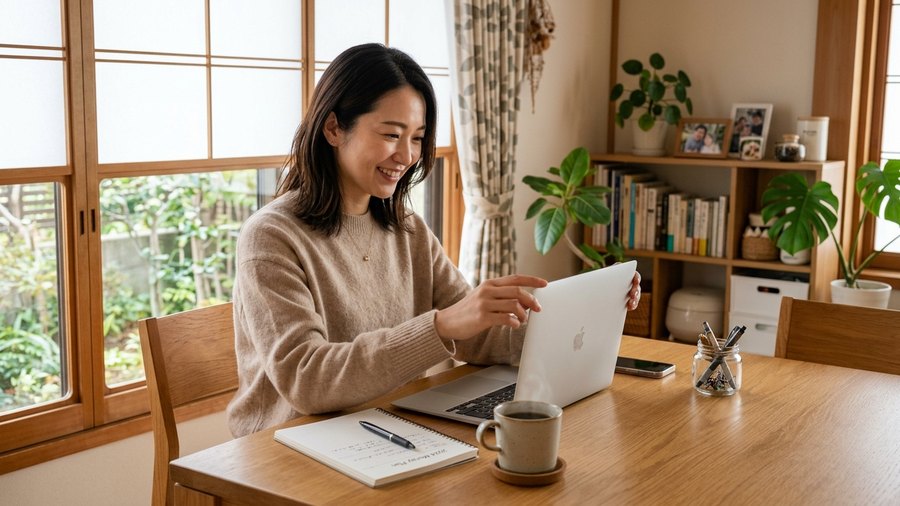 自宅でノートパソコンを開きこれから家計管理を始めようとしている日本人